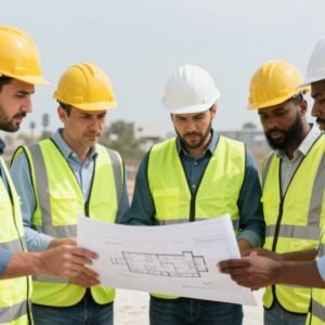 فريق عمل شركة عرب مقاولات المحترف في موقع بناء وتشطيب في الكويت