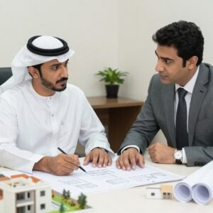 مالك مشروع يناقش خطط البناء مع مقاول عام الكويت محترف