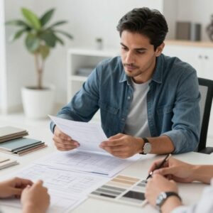 مقاول تشطيبات يناقش التكاليف والخطط مع عميل في الكويت