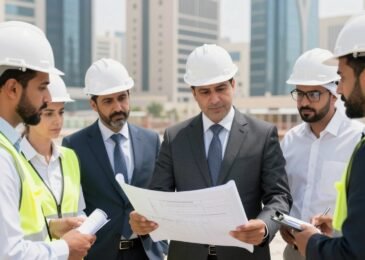 مقاول عام الكويت يشرف على موقع بناء مع فريق من المهندسين