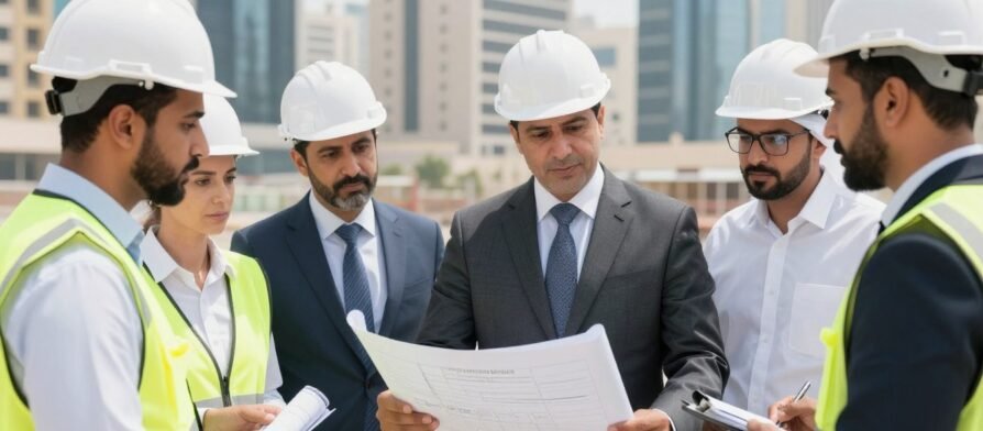 مقاول عام الكويت يشرف على موقع بناء مع فريق من المهندسين