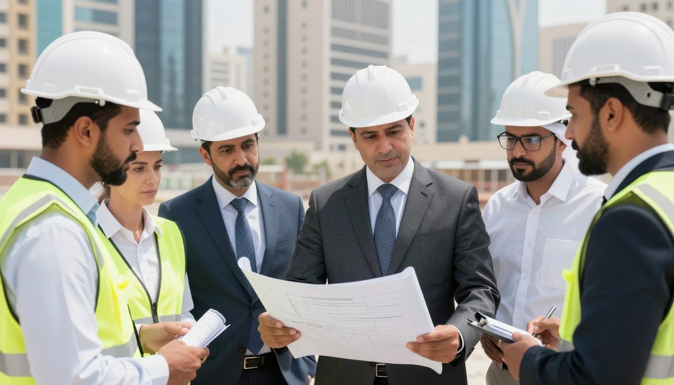 مقاول عام الكويت يشرف على موقع بناء مع فريق من المهندسين