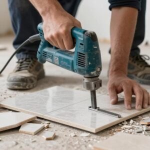 عامل يقوم بتكسير البلاط القديم باستخدام أدوات كهربائية حديثة عامل يقوم بتكسير البلاط القديم باستخدام أدوات كهربائية حديثة