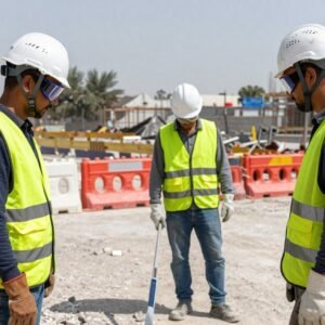 عمال يرتدون معدات السلامة الكاملة أثناء عملية تكسير في موقع بناء عمال يرتدون معدات السلامة الكاملة أثناء عملية تكسير في موقع بناء