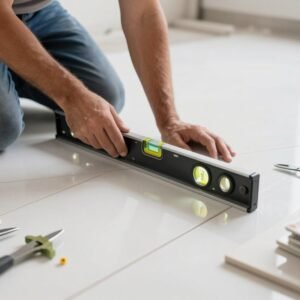 عملية تركيب سيراميك احترافية مع استخدام أدوات قياس دقيقة في الكويت