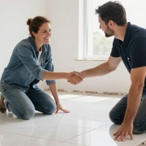 عميل راضٍ يفحص جودة التركيب النهائي للسيراميك