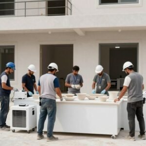 فريق عمل محترف في تركيب السيراميك يعمل في أحد المواقع في الكويت