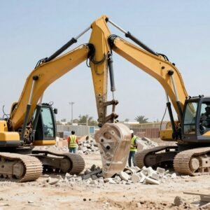 معدات تكسير حديثة تستخدم في هدم المباني بالكويت مع عمال يرتدون معدات السلامة معدات تكسير حديثة تستخدم في هدم المباني بالكويت مع عمال يرتدون معدات السلامة