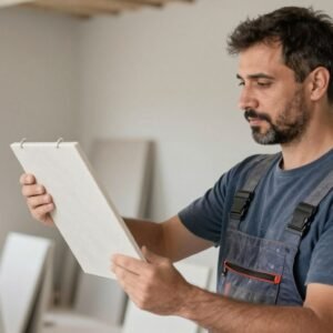 معلم تركيب سيراميك يفحص جودة البلاط قبل التركيب في الكويت