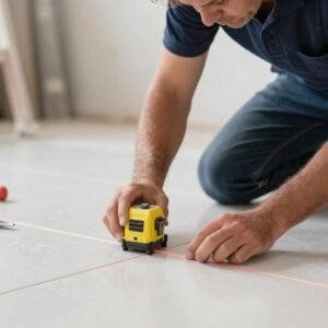 معلم تركيب يستخدم ميزان ليزر لضمان دقة التركيب