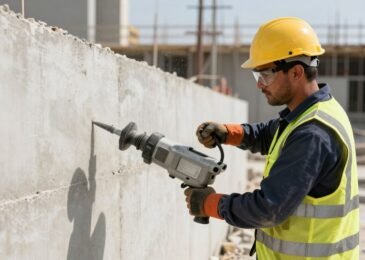 مقاول تكسير يعمل على هدم جدار باستخدام معدات حديثة في موقع بناء بالكويت