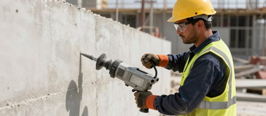 مقاول تكسير يعمل على هدم جدار باستخدام معدات حديثة في موقع بناء بالكويت