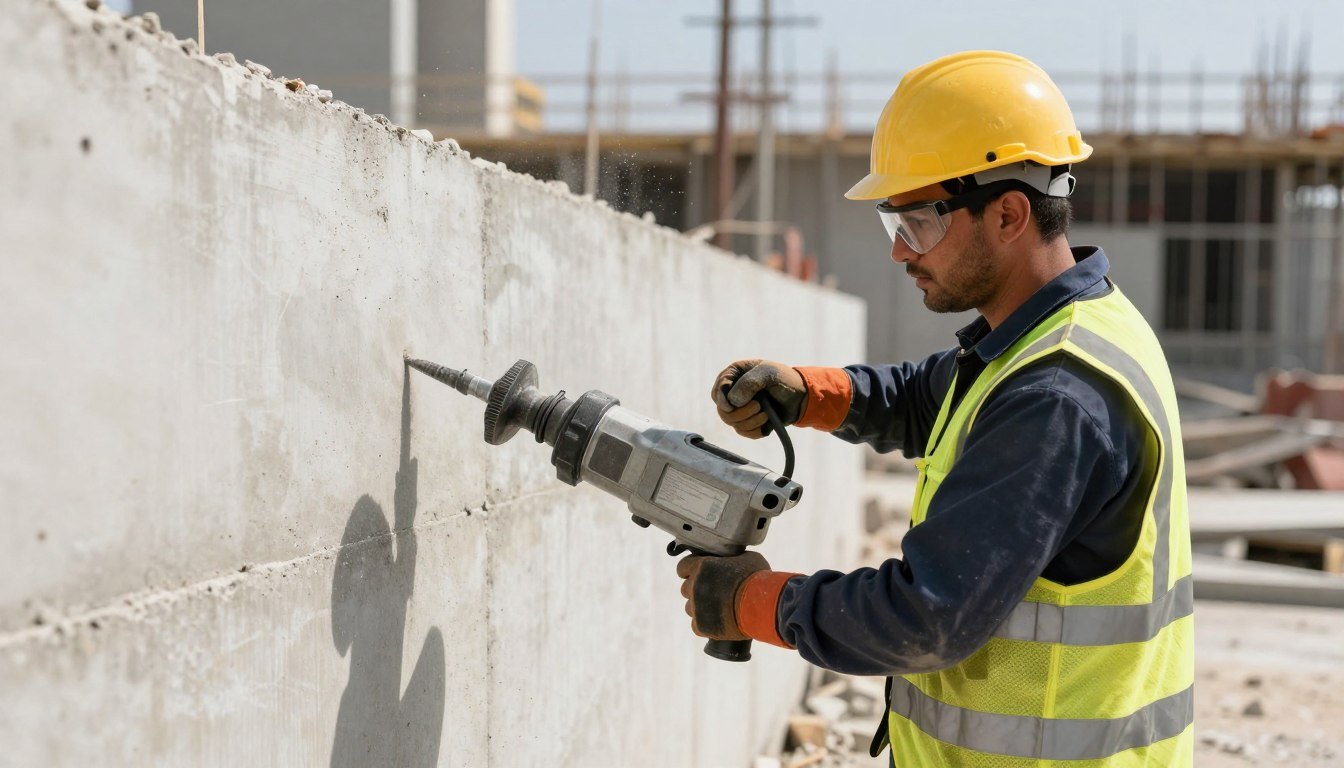 مقاول تكسير يعمل على هدم جدار باستخدام معدات حديثة في موقع بناء بالكويت