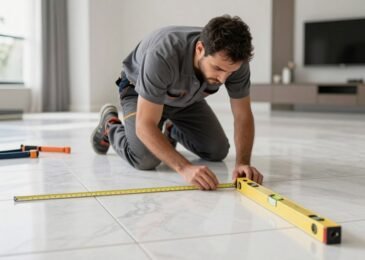 مقاول سيراميك ورخام يقوم بتركيب بلاط سيراميك في منزل حديث في الكويت