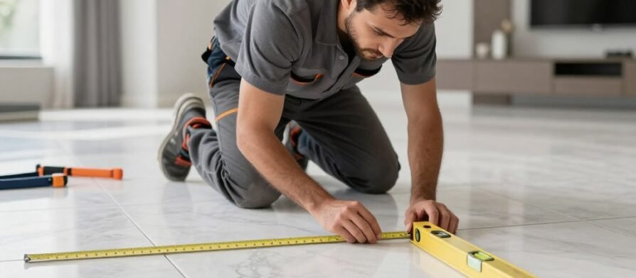 مقاول سيراميك ورخام يقوم بتركيب بلاط سيراميك في منزل حديث في الكويت