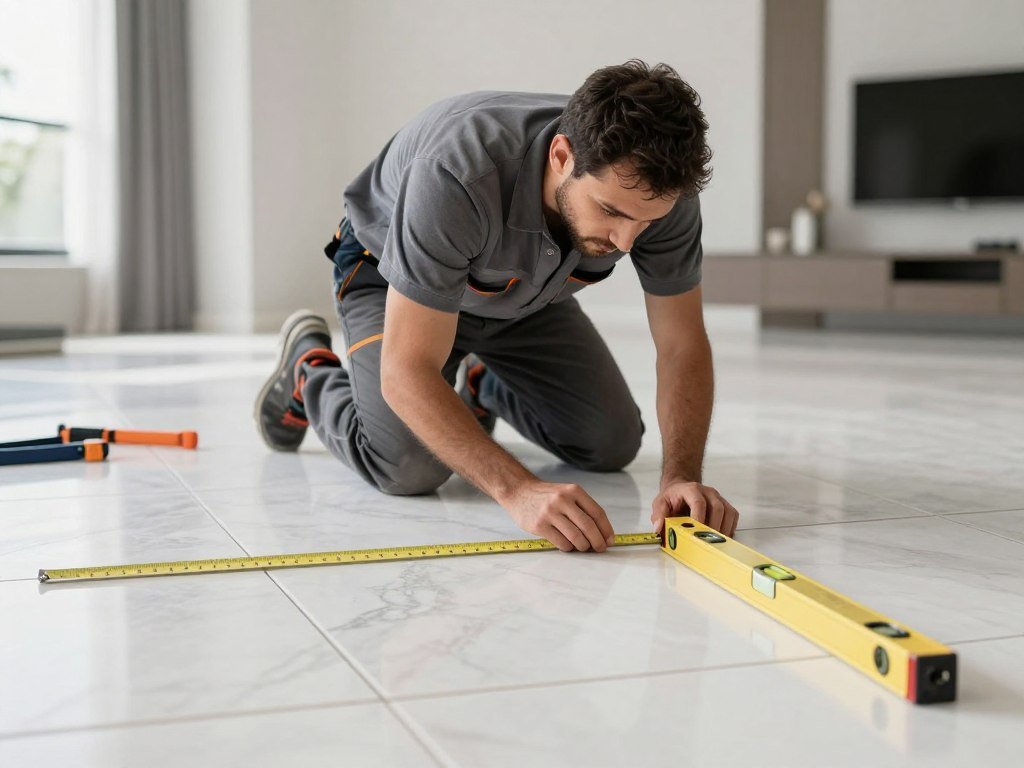 مقاول سيراميك ورخام يقوم بتركيب بلاط سيراميك في منزل حديث في الكويت