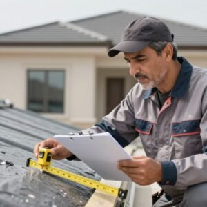 مقاول عازل محترف يفحص سطح منزل قبل بدء العمل مقاول عازل محترف يفحص سطح منزل قبل بدء العمل