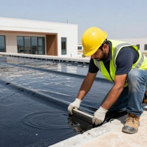 مقاول عازل يقوم بتطبيق العزل المائي على سطح منزل في السعودية