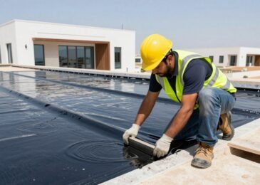 مقاول عازل يقوم بتطبيق العزل المائي على سطح منزل في السعودية