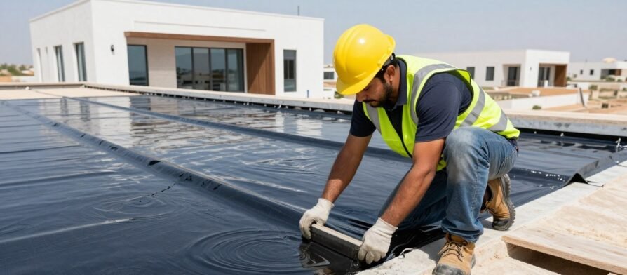 مقاول عازل يقوم بتطبيق العزل المائي على سطح منزل في السعودية