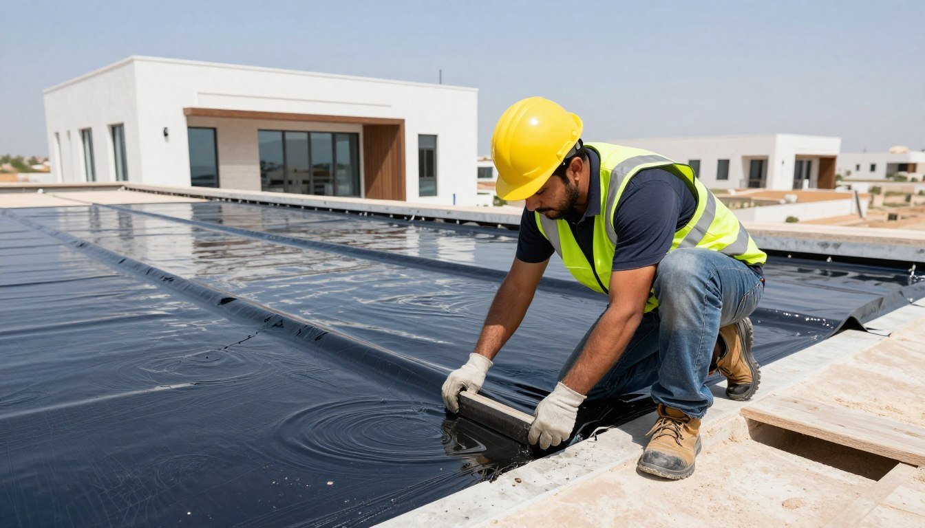 مقاول عازل يقوم بتطبيق العزل المائي على سطح منزل في السعودية