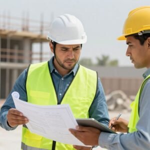 مقاول محترف يشرح خطة عمل لعميل في موقع بناء بالكويت مقاول محترف يشرح خطة عمل لعميل في موقع بناء بالكويت