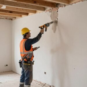 مقاول يكسر جدار داخلي في منزل قيد التجديد باستخدام معدات احترافية مقاول يكسر جدار داخلي في منزل قيد التجديد باستخدام معدات احترافية