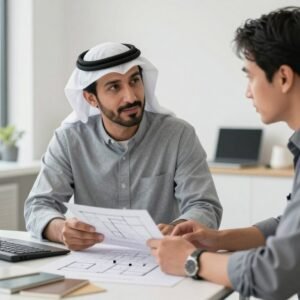 عميل يراجع خطة تشطيب مع مقاول في الكويت عميل يراجع خطة تشطيب مع مقاول في الكويت