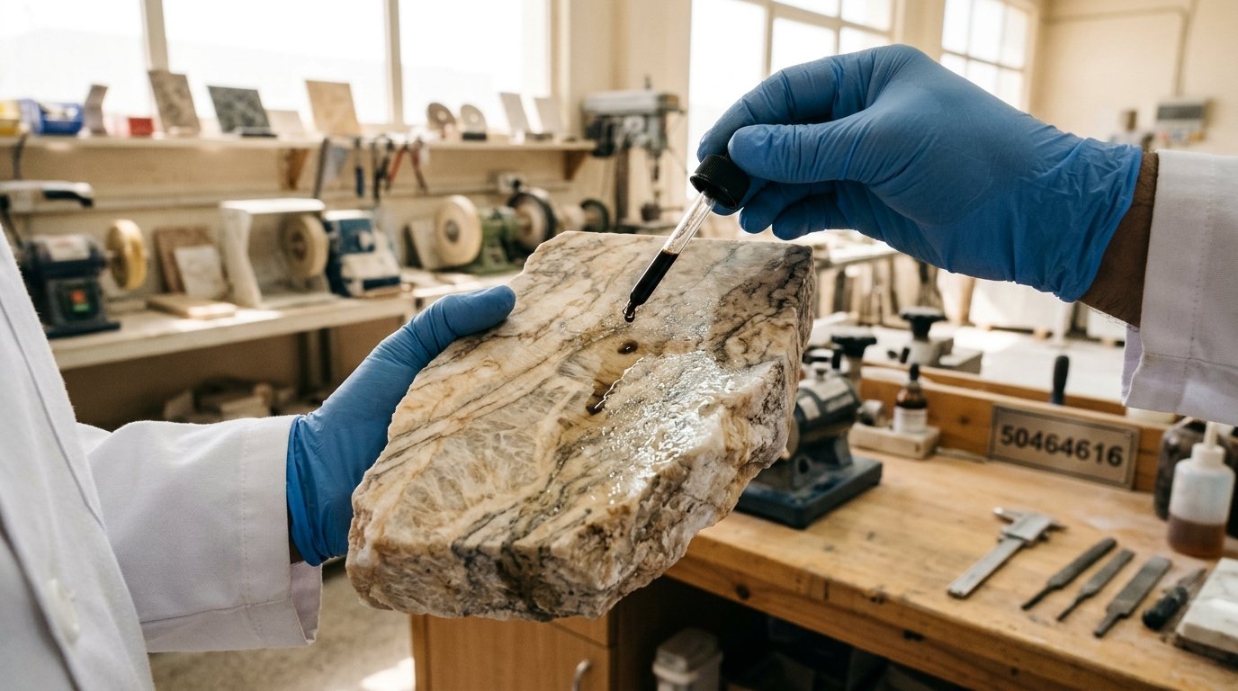 A close-up image of a Kuwaiti marble sample being examined with a drop of liquid, showcasing the intricate veining and texture of the stone. In the foreground, the marble is prominently displayed, glistening under bright, natural light, highlighting its details. The middle ground features a pair of professional hands, wearing gloves and a lab coat, carefully applying the drop of liquid to the marble to test its quality. In the background, a well-lit workshop with tools and equipment used for marble processing hints at a professional environment. The atmosphere is serious and focused, conveying a sense of meticulous quality control. The brand name "50464616" is subtly integrated into the workspace design.