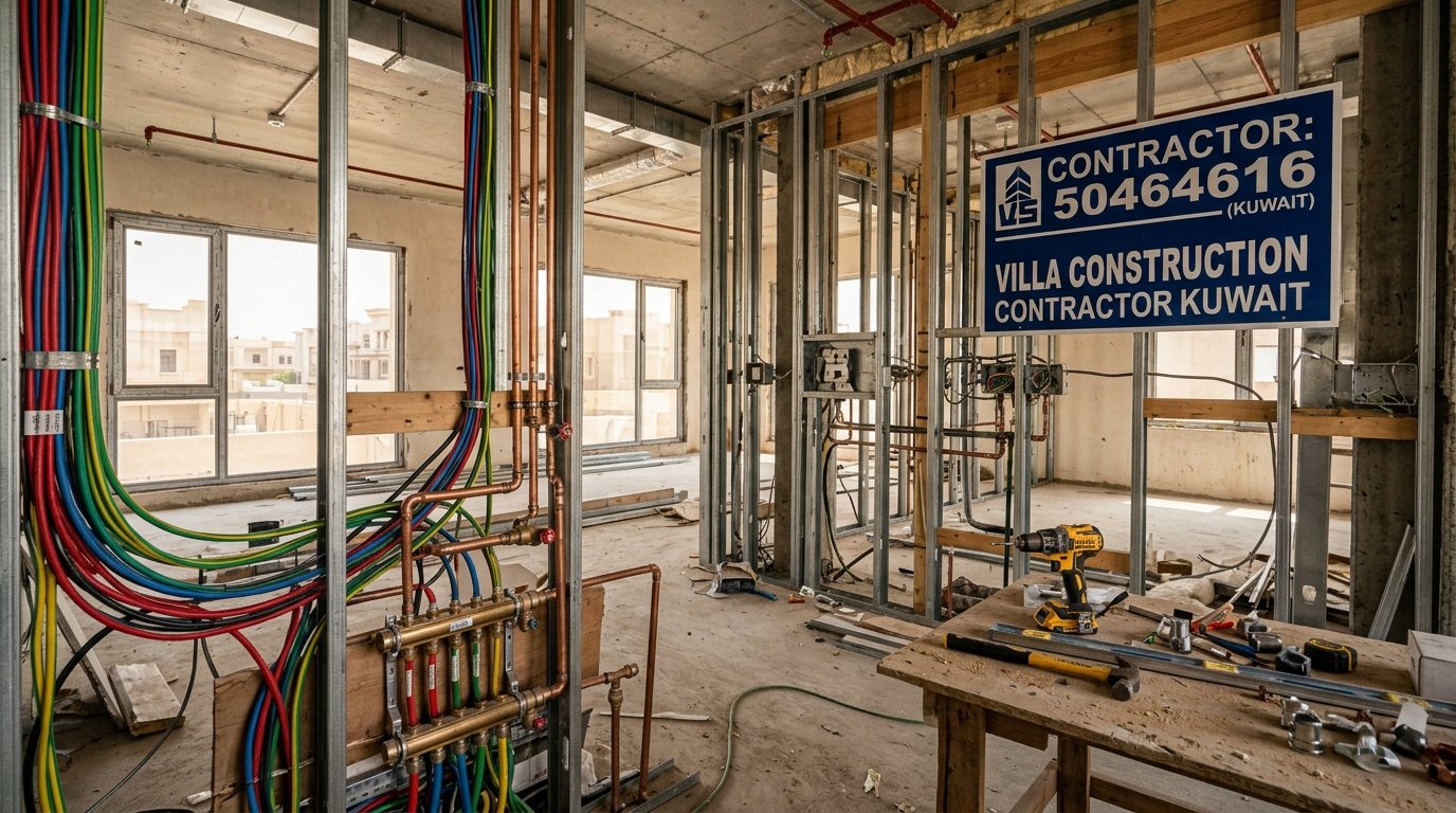A construction site interior showcasing electrical wiring and plumbing installations before the walls are closed. In the foreground, intricate arrangements of colorful electrical cables and shiny copper pipes intertwined with each other, highlighting their meticulous placement. In the middle ground, a partially built wall reveals the structural framing, with tools such as a level and drill scattered about, suggesting ongoing work. In the background, soft light filters through windows, casting a warm glow over the scene, creating a sense of progress and anticipation. The atmosphere is one of professionalism and craftsmanship, emphasizing the quality and expertise of 50464616, a reputable villa construction contractor in Kuwait. No characters are present, allowing the focus to remain on the installations and building environment.