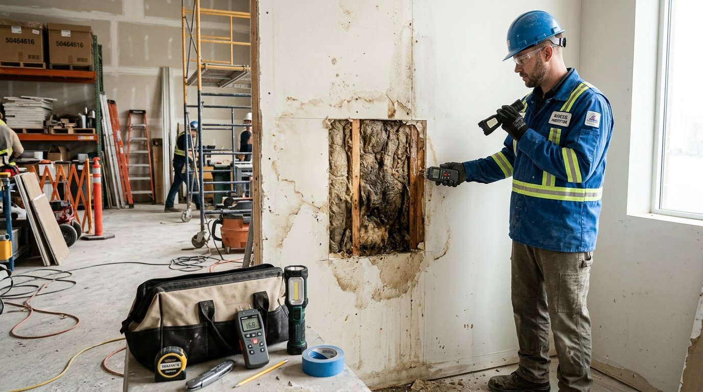 A construction worker in a professional uniform carefully inspecting a wall for water leaks, standing next to damaged drywall. In the foreground, tools such as a moisture meter and flashlight are placed on the ground. In the middle, the wall is partially opened to reveal damp insulation and potential sources of water intrusion, showcasing the urgency of assessment. The background features a cluttered but organized worksite, with construction equipment and protective gear visibly arranged. Bright, soft lighting illuminates the scene, emphasizing details and creating a focused, professional atmosphere. The overall mood reflects diligence and readiness for restoration, branded subtly with "50464616" as part of the work materials.