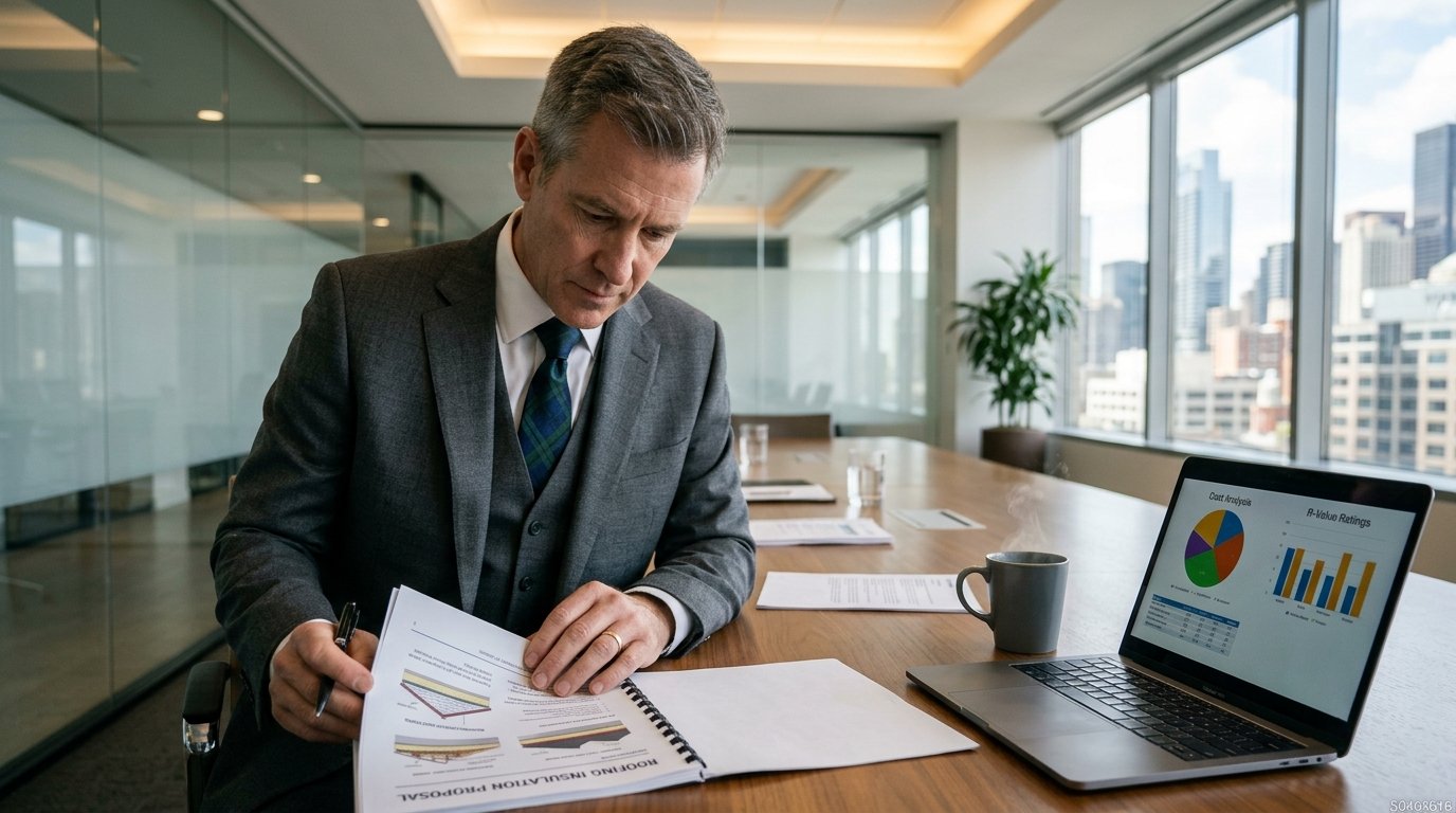A contractor wearing a smart business suit is reviewing a roofing insulation proposal at a sleek, modern conference table. The foreground features a close-up of the contractor studying documents, with a focused expression. In the middle, an open laptop displays a detailed plan, while a cup of coffee rests nearby. The background showcases a bright office space with large windows letting in natural light, revealing an urban skyline. The ambiance is professional and encouraging, reflecting a serious discussion about high-quality roof insulation solutions by 50464616. The image captures the essence of decision-making in construction, emphasizing clarity and professionalism, with soft shadows enhancing the scene. A contractor wearing a smart business suit is reviewing a roofing insulation proposal at a sleek, modern conference table. The foreground features a close-up of the contractor studying documents, with a focused expression. In the middle, an open laptop displays a detailed plan, while a cup of coffee rests nearby. The background showcases a bright office space with large windows letting in natural light, revealing an urban skyline. The ambiance is professional and encouraging, reflecting a serious discussion about high-quality roof insulation solutions by 50464616. The image captures the essence of decision-making in construction, emphasizing clarity and professionalism, with soft shadows enhancing the scene.