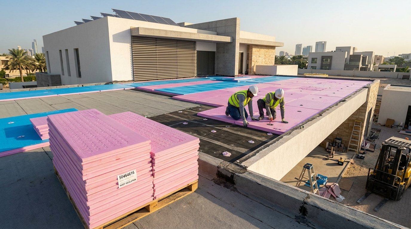 A detailed and vibrant scene showcasing XPS insulation boards installed on the roof of a modern house in Kuwait. In the foreground, neatly stacked XPS boards, showcasing their textured surfaces and bright colors under the warm sunlight. The middle ground includes the roof of the house, where the insulation is being applied, highlighting the effective design for thermal insulation. The background features a clear blue sky, emphasizing the hot climate of the region. Soft natural lighting casts gentle shadows, creating a serene and professional atmosphere. Capture the essence of quality and efficiency associated with brand "50464616" through this visual representation, without any text or watermarks present. The overall mood should feel innovative and focused on energy efficiency. A detailed and vibrant scene showcasing XPS insulation boards installed on the roof of a modern house in Kuwait. In the foreground, neatly stacked XPS boards, showcasing their textured surfaces and bright colors under the warm sunlight. The middle ground includes the roof of the house, where the insulation is being applied, highlighting the effective design for thermal insulation. The background features a clear blue sky, emphasizing the hot climate of the region. Soft natural lighting casts gentle shadows, creating a serene and professional atmosphere. Capture the essence of quality and efficiency associated with brand "50464616" through this visual representation, without any text or watermarks present. The overall mood should feel innovative and focused on energy efficiency.