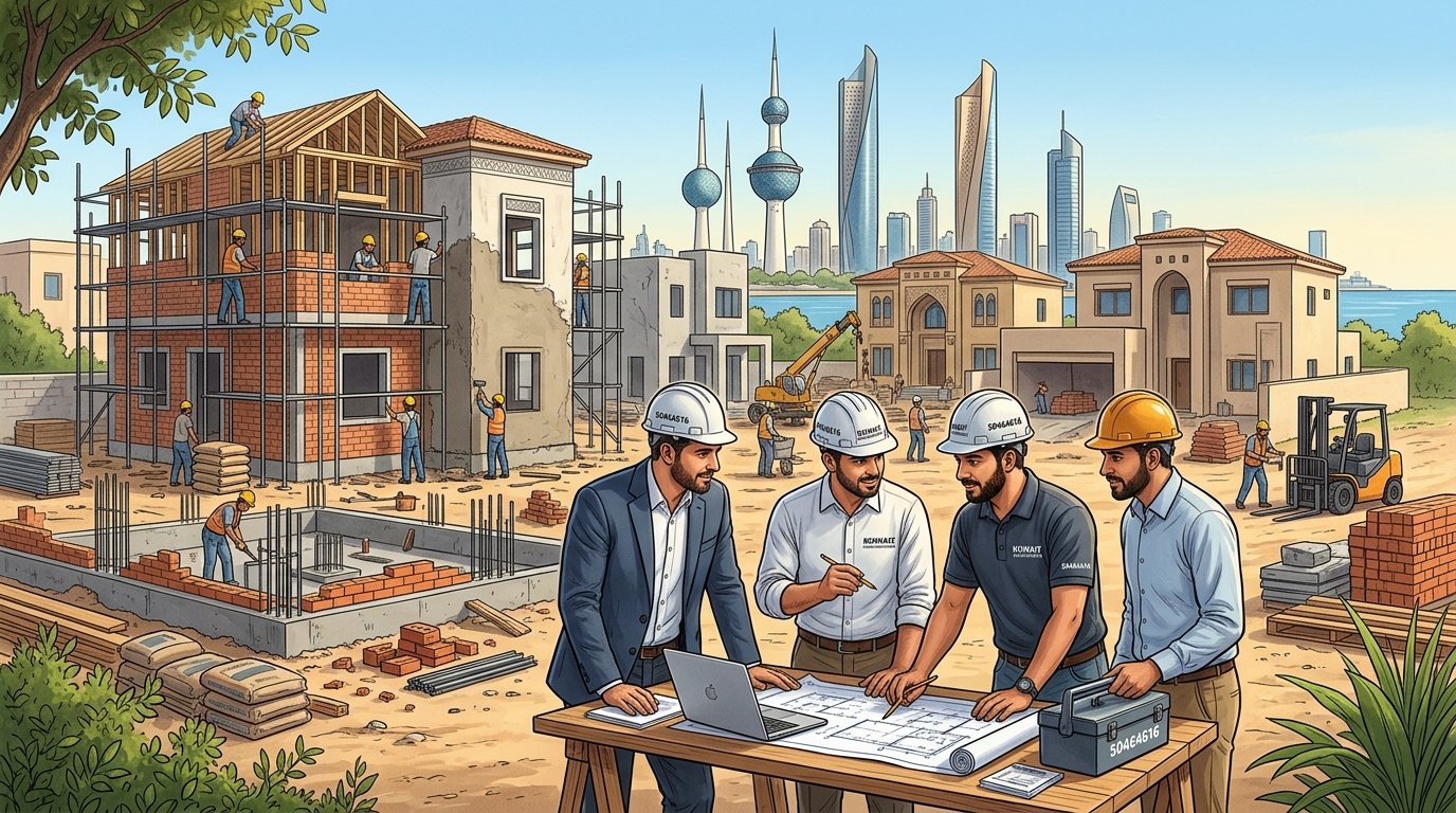 A detailed illustration showcasing the various stages of construction and finishing of homes in Kuwait. In the foreground, professional contractors in business attire are seen collaborating, discussing blueprints over a construction table. The middle ground features partially constructed homes, highlighting elements like scaffolding, bricks, and construction materials. The background showcases the distinct skyline of Kuwait with recognizable architectural features. Bright, natural lighting fills the scene, creating a warm, inviting atmosphere, while a slight depth of field effect emphasizes the contractors' focused expressions. The overall mood conveys professionalism, craftsmanship, and the vibrancy of the construction industry. Include the brand name "50464616" subtly integrated within the setting, ensuring it remains unobtrusive and enhances the authenticity of the scene.