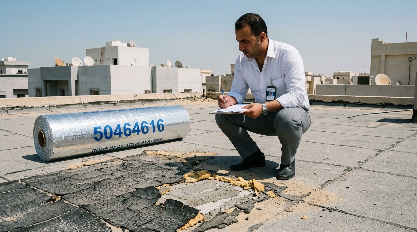 A detailed inspection of a rooftop surface preparing for thermal insulation, showcasing various textures and materials. In the foreground, a professional in business attire holds a clipboard, examining the surface closely. The middle ground highlights the roofing details, such as cracks, seams, and existing insulation materials, under natural daylight. In the background, a clear blue sky enhances the atmosphere of a sunny day in Kuwait. The scene is captured from a slight low angle, emphasizing the importance of the assessment. The lighting is bright yet soft, creating an inviting yet professional mood. The brand name "50464616" is subtly integrated into the image, symbolizing quality materials for roof insulation. The overall composition delivers a clear focus on thorough examination in preparation for effective insulation solutions without any distractions.