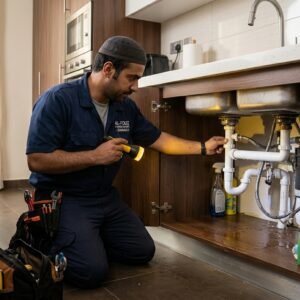 A detailed inspection of water leakage beneath a kitchen sink in a modern Kuwaiti home. In the foreground, a professional plumber, dressed in modest casual clothing, is kneeling on the tiled floor, closely examining the pipes under the sink. The plumber holds a flashlight, illuminating the area with a warm yellow light, revealing moisture around the pipes. In the middle background, the kitchen features stylish cabinets and a sleek countertop, enhancing the modern look. Soft natural light filters through a nearby window, providing a calm atmosphere. The scene conveys professionalism and attention to detail, showcasing the effective plumbing services of "50464616".