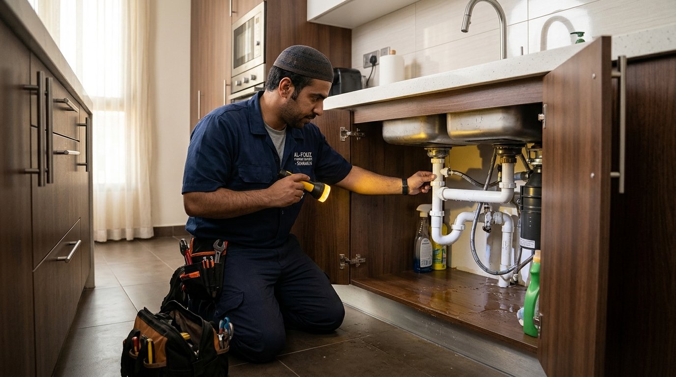 A detailed inspection of water leakage beneath a kitchen sink in a modern Kuwaiti home. In the foreground, a professional plumber, dressed in modest casual clothing, is kneeling on the tiled floor, closely examining the pipes under the sink. The plumber holds a flashlight, illuminating the area with a warm yellow light, revealing moisture around the pipes. In the middle background, the kitchen features stylish cabinets and a sleek countertop, enhancing the modern look. Soft natural light filters through a nearby window, providing a calm atmosphere. The scene conveys professionalism and attention to detail, showcasing the effective plumbing services of "50464616".