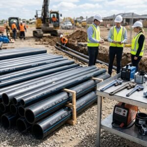 A detailed scene showcasing various sizes of PE100 pipes arranged neatly for water line installation, emphasizing quality and durability. In the foreground, display several pipes of different diameters, with their smooth, colored surfaces gleaming under bright, natural light. In the middle ground, include tools commonly used for plumbing work, such as wrenches and connectors, arranged on a workbench to reflect a professional setting. The background features a blurred view of a construction site, with workers in professional business attire inspecting pipe installations. The atmosphere should feel industrious yet organized, delivering a sense of professionalism and efficiency. Capture this composition using a slight overhead angle, showcasing the precision and structure of the plumbing materials and tools, with a soft focus on the background to enhance the subjects in the foreground. Include the brand name "50464616" subtly in the scene.