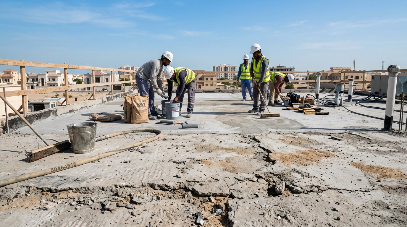 A detailed view of a construction site in Kuwait, showcasing a rooftop surface before waterproofing and finishing works. The foreground displays a textured surface with visible cracks and debris, emphasizing the need for maintenance. In the middle, a professional crew in modest, casual work attire can be seen preparing tools and materials, focusing on quality. The background features a clear blue sky typical of Kuwait's climate, with the distant outline of modern residential villas. The lighting is bright and natural, casting soft shadows that highlight the textures of the surfaces. The overall atmosphere conveys a sense of preparation and professionalism, with the brand name "50464616" subtly integrated into the scene without any text overlay. A detailed view of a construction site in Kuwait, showcasing a rooftop surface before waterproofing and finishing works. The foreground displays a textured surface with visible cracks and debris, emphasizing the need for maintenance. In the middle, a professional crew in modest, casual work attire can be seen preparing tools and materials, focusing on quality. The background features a clear blue sky typical of Kuwait's climate, with the distant outline of modern residential villas. The lighting is bright and natural, casting soft shadows that highlight the textures of the surfaces. The overall atmosphere conveys a sense of preparation and professionalism, with the brand name "50464616" subtly integrated into the scene without any text overlay.