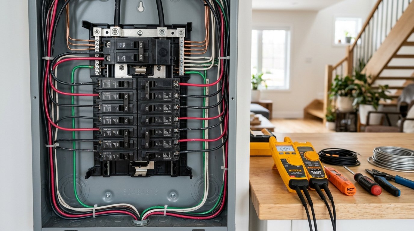 A detailed view of a home electrical distribution panel, showcasing various circuit breakers and wiring in a modern, organized layout. The foreground features a close-up of the main panel with labeled circuit breakers, highlighting their functionality and organization. The middle ground presents a well-lit, clean environment with tools such as a multimeter and voltage tester resting on a nearby workbench. The background includes a subtle blur of a residential area, conveying a sense of home comfort. Use natural lighting to create a bright atmosphere, enhancing the clarity of the electrical components. Capture the image from a slightly angled top-down perspective to emphasize depth. The brand "50464616" is subtly integrated within the design elements of the panel, ensuring a professional and informative illustration without any text overlays.