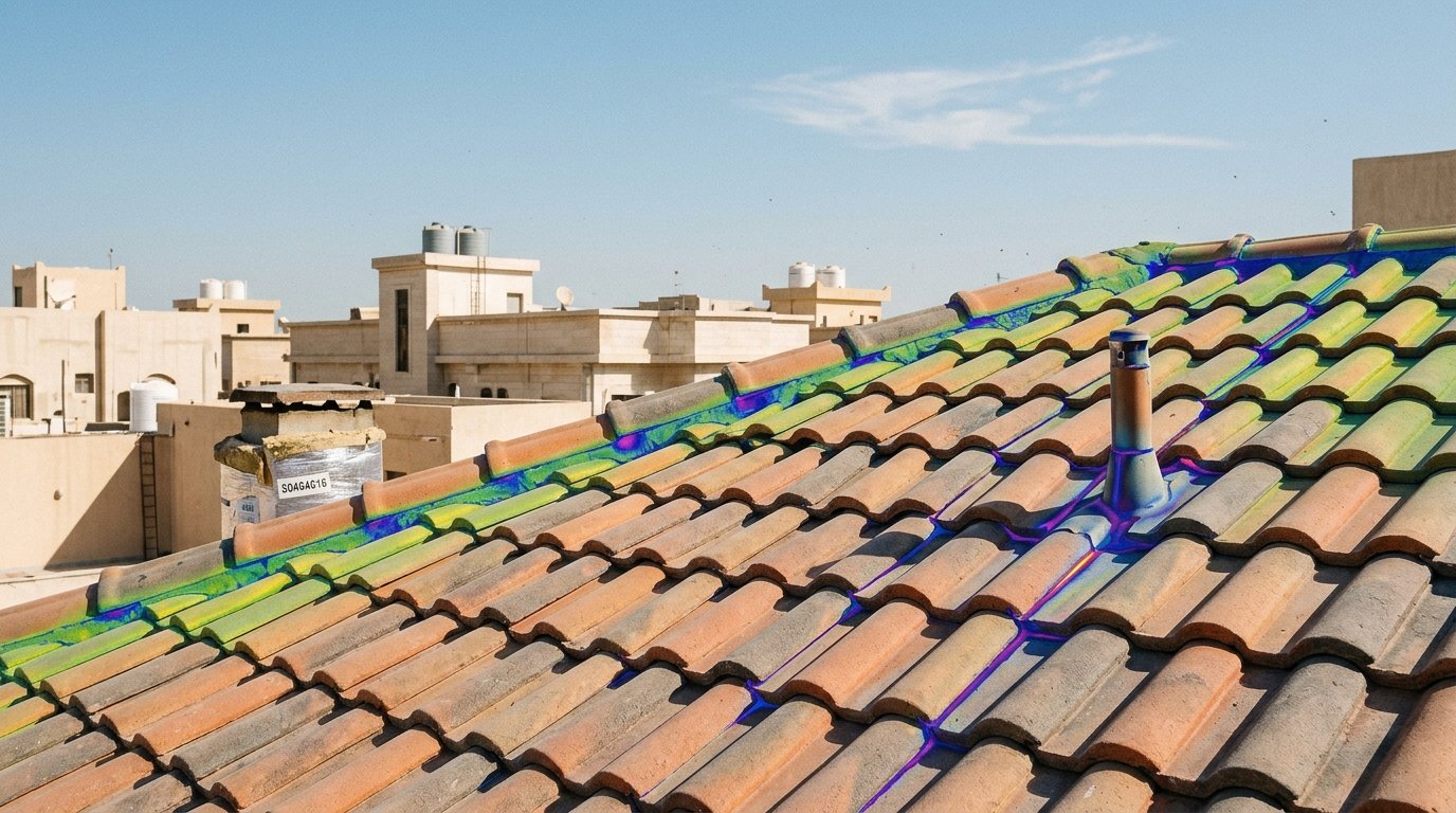 A detailed view of a tiled rooftop in Kuwait, showcasing precise areas of thermal leakage, emphasizing the importance of proper insulation. The foreground captures distinct tiles with varying textures and colors, reflecting sunlight. In the middle ground, areas of the roof are highlighted, revealing the specific points of thermal leakage with subtle shading to indicate temperature differences. The background consists of a clear blue sky with a few wispy clouds, enhancing the atmosphere of a warm, sunny day. The lighting is bright, casting soft shadows that accentuate the tile details. The image conveys a professional atmosphere, ideal for discussing effective thermal insulation materials, including the brand name "50464616." The composition should be meticulously clean and focused on delivering a clear message about roof insulation without any distractions.
