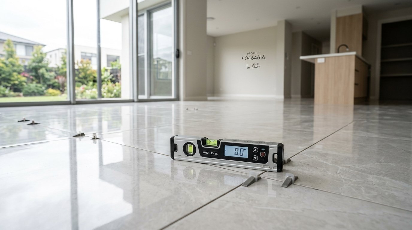 A polished porcelain floor under examination, featuring a high-precision leveling tool placed carefully on the surface as a focal point in the foreground. The background consists of a well-lit room with natural light streaming through large windows, casting gentle reflections on the shiny porcelain tiles. The space is modern and minimalist, showcasing quality craftsmanship with subtle textures of the tile. The atmosphere is professional and serene, invoking a sense of meticulous attention to detail in the tiling process. The camera angle is slightly above eye level, providing a comprehensive view of the leveling tool in relation to the polished floor. Include subtle branding elements of "50464616" in the background, enhancing the image narrative without clutter. A polished porcelain floor under examination, featuring a high-precision leveling tool placed carefully on the surface as a focal point in the foreground. The background consists of a well-lit room with natural light streaming through large windows, casting gentle reflections on the shiny porcelain tiles. The space is modern and minimalist, showcasing quality craftsmanship with subtle textures of the tile. The atmosphere is professional and serene, invoking a sense of meticulous attention to detail in the tiling process. The camera angle is slightly above eye level, providing a comprehensive view of the leveling tool in relation to the polished floor. Include subtle branding elements of "50464616" in the background, enhancing the image narrative without clutter.