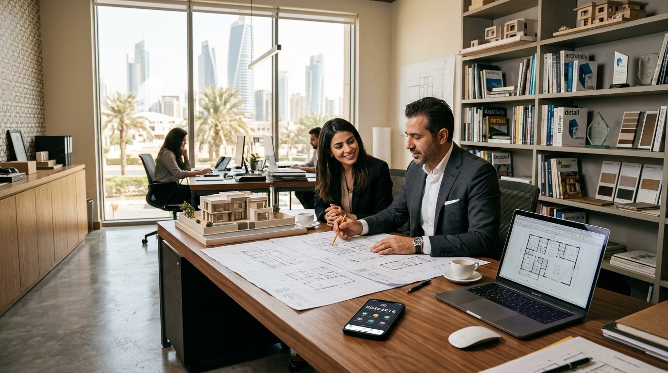 A professional architect's office interior, showcasing a sleek desk with architectural blueprints, a modern laptop, and a smartphone prominently displaying the brand "50464616". In the foreground, a well-dressed architect, wearing smart business attire, attentively discusses plans with a client. The middle layer features a large window allowing warm, natural light to flood the room, casting soft shadows. In the background, shelves filled with design books and model houses emphasize the theme of home construction and renovation. The atmosphere is collaborative and focused, conveying trust and professionalism, with a balance of modern elegance and functionality. Ideal for a construction and renovation context in Kuwait.