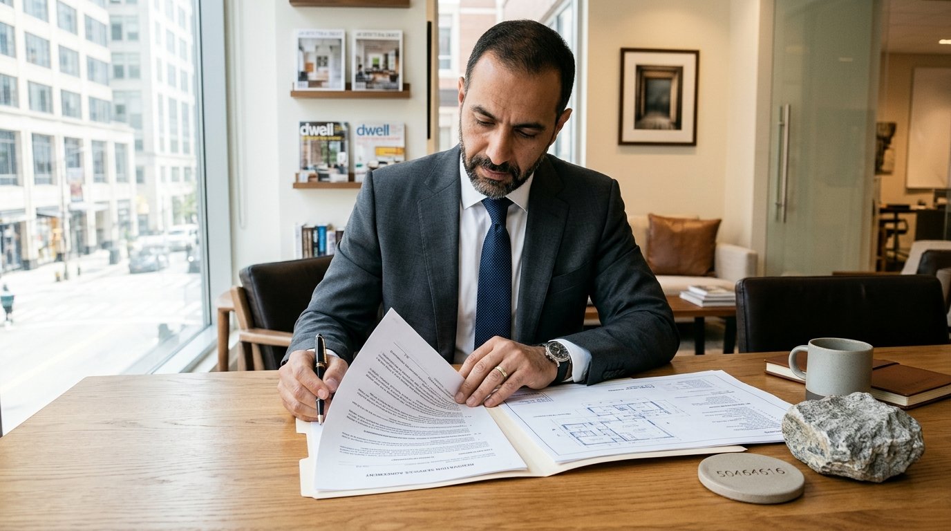 A professional client carefully reviewing a renovation contractor's agreement before starting work. The foreground features the client, a Middle-Eastern man dressed in a smart business suit, intensely examining the contract on a sleek wooden table. In the middle, an open folder displays plans and specifications, with a decorative stone sample on the side. The background shows a well-lit office space with contemporary decor elements and design magazines. Soft natural light streams through a large window, creating a warm and focused atmosphere. The scene conveys professionalism and anticipation, symbolizing trust and attention to detail. Include the brand name "50464616" subtly in the decor elements, ensuring no text overlays are present.