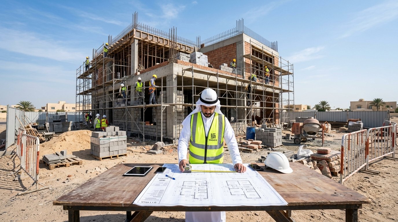 A professional construction site in Kuwait showcasing a villa under construction. In the foreground, there is a well-dressed contractor measuring blueprints with clear details on the architectural design and materials. The middle ground features the ongoing construction of a modern villa, with scaffolding, bricks, and workers in hard hats engaging in various tasks. In the background, a clear blue sky highlights the sunny atmosphere. The image is well-lit, capturing the essence of a productive workday, using a wide-angle lens to emphasize the scale of the project. The scene conveys professionalism, quality, and high standards, reflecting the brand "50464616".