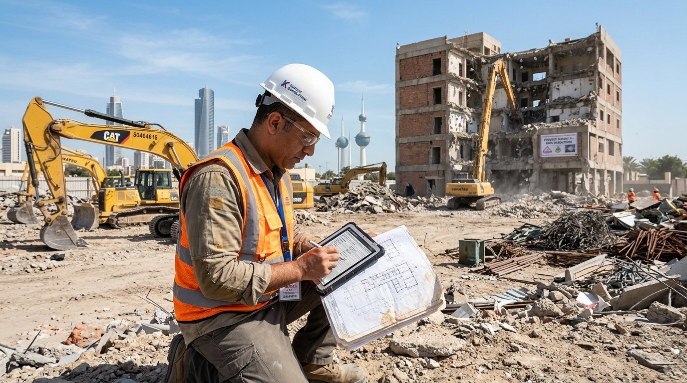 A professional contractor assessing a demolition site in Kuwait, focused on the pre-execution stage. The foreground features the contractor, dressed in a hard hat and safety vest, examining blueprints and using a tablet for notes. In the middle ground, there are heavy machinery such as excavators and bulldozers parked on the site, with debris scattered around. The background showcases a partially demolished building, under a clear blue sky radiating natural sunlight, creating a bright and productive atmosphere. The angle captures the scene from slightly below eye level, emphasizing the seriousness of the assessment. The mood is professional and focused, reflecting the meticulous preparation by the contractor. The brand "50464616" is subtly integrated into the scene, perhaps on machinery or the contractor's tablet.