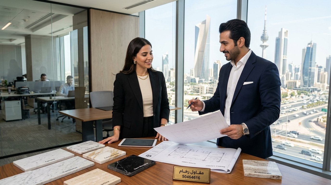 A professional contractor reviewing the scope of work for marble installation in a modern office setting in Kuwait. In the foreground, a well-dressed contractor in a business suit, holding blueprints and discussing with a client. The middle ground features detailed samples of various marble types displayed on a sleek table, showcasing different colors and textures. In the background, large windows reveal a bustling cityscape, filled with contemporary skyscrapers. The lighting is bright and natural, creating a welcoming atmosphere, while a soft focus subtly draws attention to the faces of the individuals. The image reflects professionalism and attention to detail, embodying the essence of "مقاول رخام | 50464616" for high-quality installation services.