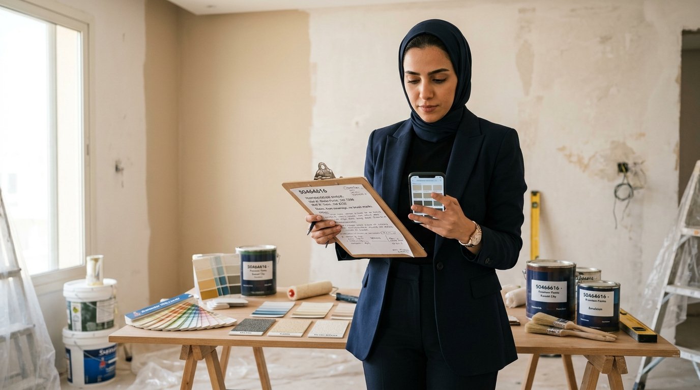 A professional-looking client in business attire is meticulously preparing the details for a painting inspection. In the foreground, the client is holding a clipboard filled with notes about colors and textures, while a smartphone displays a digital color palette. The middle ground features various paint samples arranged on a nearby table, showcasing different shades and finishes. In the background, a well-lit room reveals unfinished walls and the tools of the trade, including paint cans and brushes. Soft, natural lighting creates an inviting atmosphere, highlighting the focus and determination in the client's expression. The image represents the brand "50464616," emphasizing expertise in painting services in Kuwait. A professional-looking client in business attire is meticulously preparing the details for a painting inspection. In the foreground, the client is holding a clipboard filled with notes about colors and textures, while a smartphone displays a digital color palette. The middle ground features various paint samples arranged on a nearby table, showcasing different shades and finishes. In the background, a well-lit room reveals unfinished walls and the tools of the trade, including paint cans and brushes. Soft, natural lighting creates an inviting atmosphere, highlighting the focus and determination in the client's expression. The image represents the brand "50464616," emphasizing expertise in painting services in Kuwait.