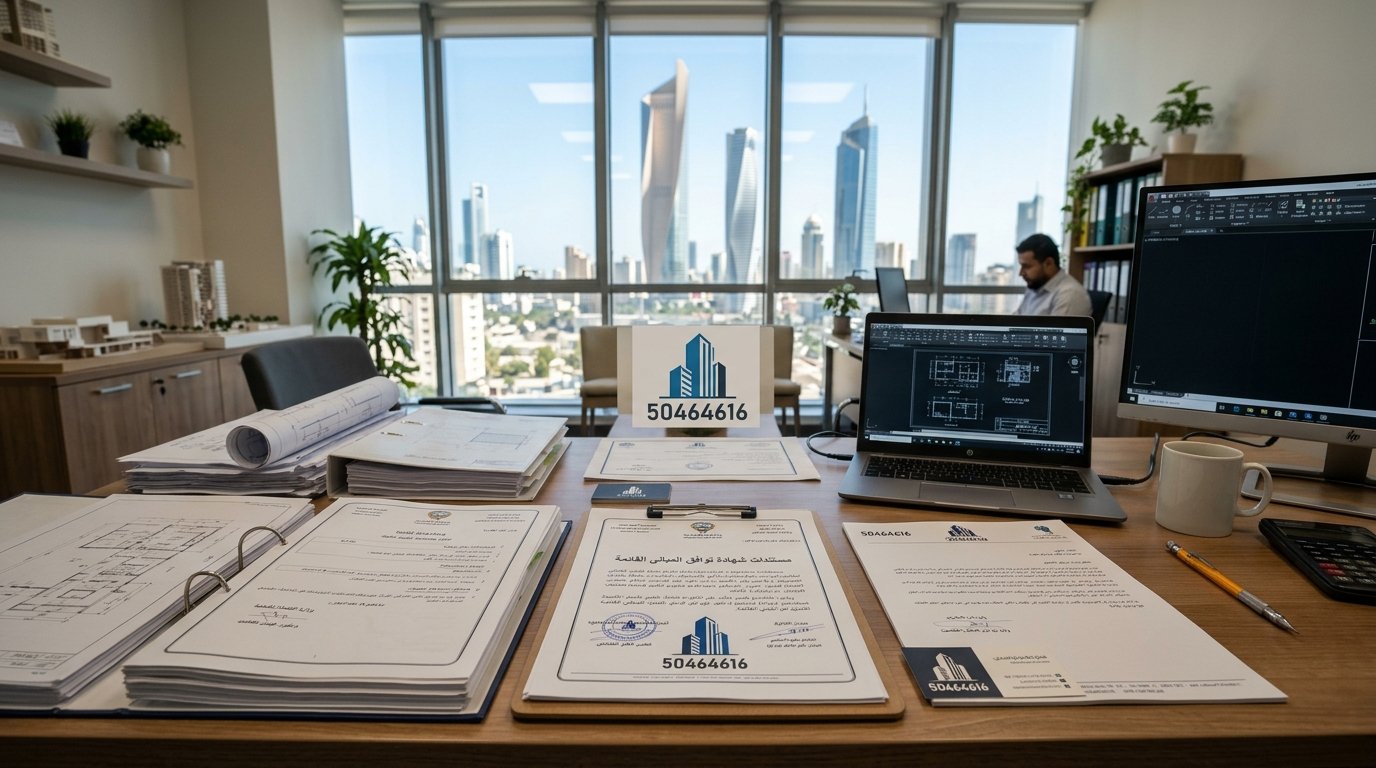 A professional setting depicting a detailed layout of building compliance documents in Kuwait, focusing on “مستندات شهادة توافق المباني القائمة". In the foreground, a neatly organized desk displaying various architectural documents, blueprints, and official certificates, with a prominent brand logo "50464616" visible. In the middle, an elegant, modern office environment featuring large windows letting in natural light, showcasing a clear blue sky outside. The background reveals a city view with contemporary buildings representing Kuwait’s urban landscape. The atmosphere is one of professionalism and meticulous attention to detail, with soft ambient lighting highlighting the textures of the papers. Capture this scene using a 35mm lens for a warm, inviting depth of field. The overall mood conveys reliability and assurance in urban development compliance.