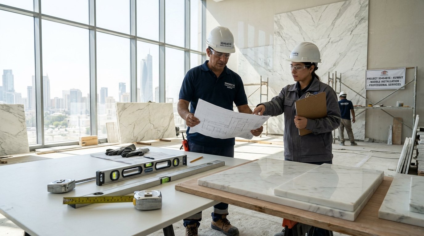 A professional setting showcasing a marble installation site for 50464616 in Kuwait. In the foreground, several tools like measuring tape, a level, and marble samples are artfully arranged on a clean surface. The middle ground features a skilled technician wearing a hard hat and professional attire, examining detailed blueprints while discussing the project scope with a colleague. In the background, partially installed marble slabs reflect natural light streaming through large windows, creating a warm and inviting atmosphere. The lighting is bright and clear, mimicking midday sunlight, highlighting the textures of the marble and tools. The overall mood conveys professionalism and expertise in high-quality marble installation.
